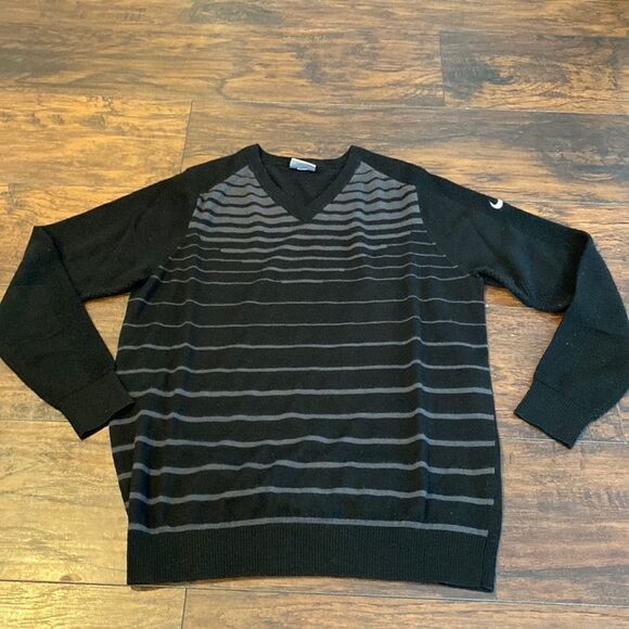 nike v neck golf merino wool blend black striped sweater size L swoosh on sleeve - Picture 1 of 8